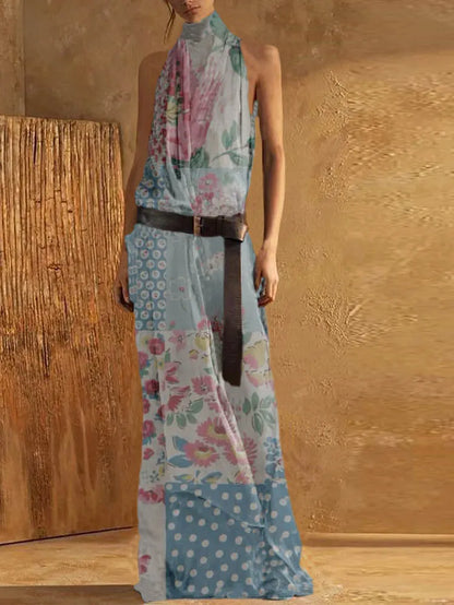 Blue Plain High Neck Sleeveless Loose Maxi Tank Dress