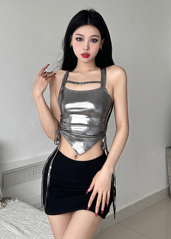 Silvery Cinched Faux Leather Vest Sleeveless