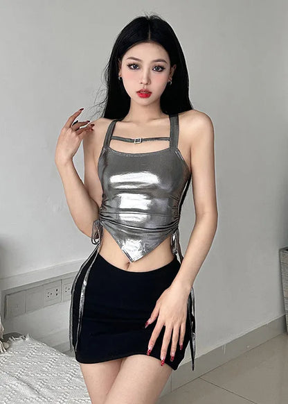 Silvery Cinched Faux Leather Vest Sleeveless