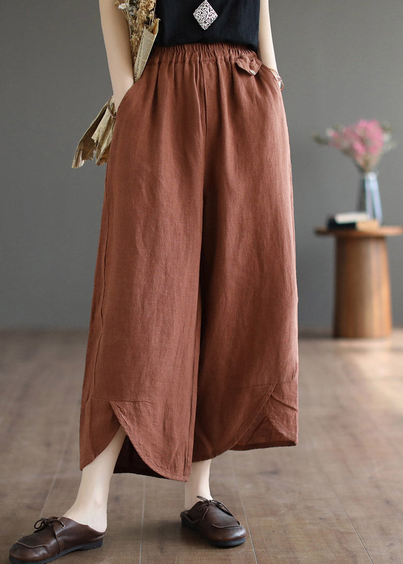 Khaki Patchwork Elastic Waist Linen Wide Leg Pants