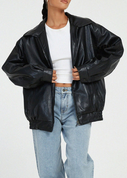 Coffee Peter Pan Collar Zippered Faux Leather Jackets Fall