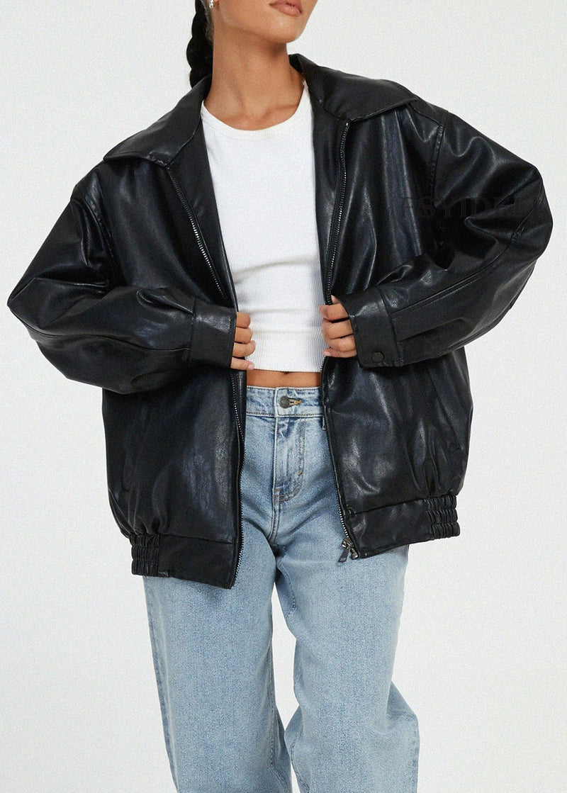 Coffee Peter Pan Collar Zippered Faux Leather Jackets Fall