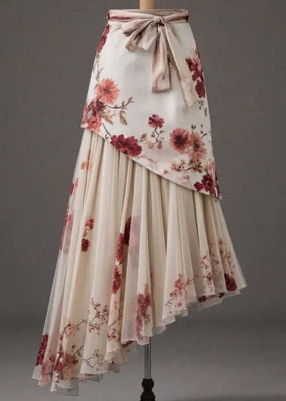 Apricot Patchwork Tie Waist a Line Skirts Summer