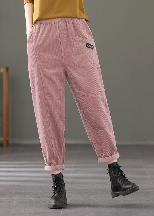 Pink Elastic Waist Pockets Patchwork Corduroy Harem Pants Spring