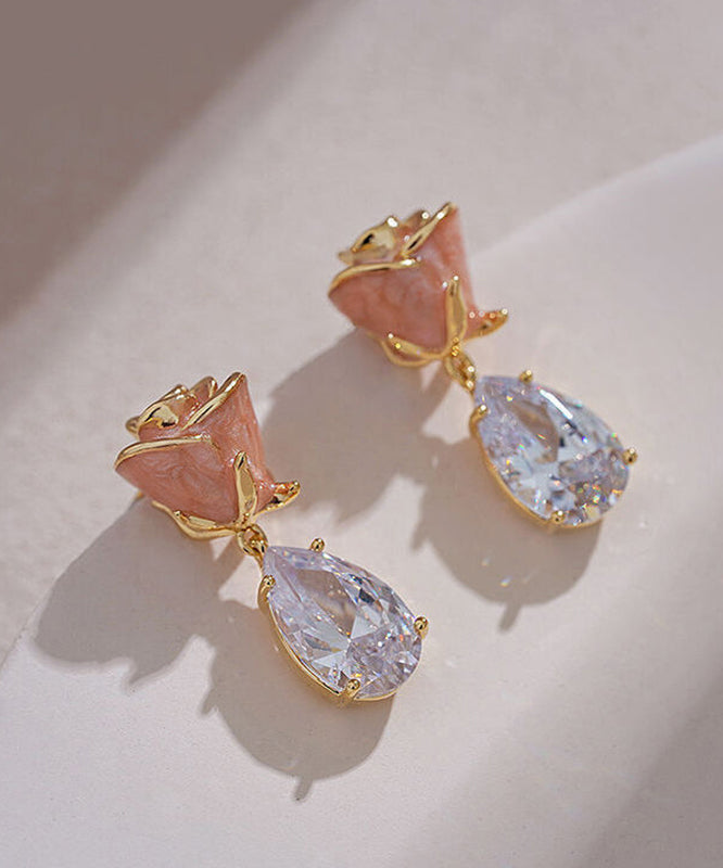 Pink Copper Zircon Gem Stone Rose Water Drop Drop Earrings