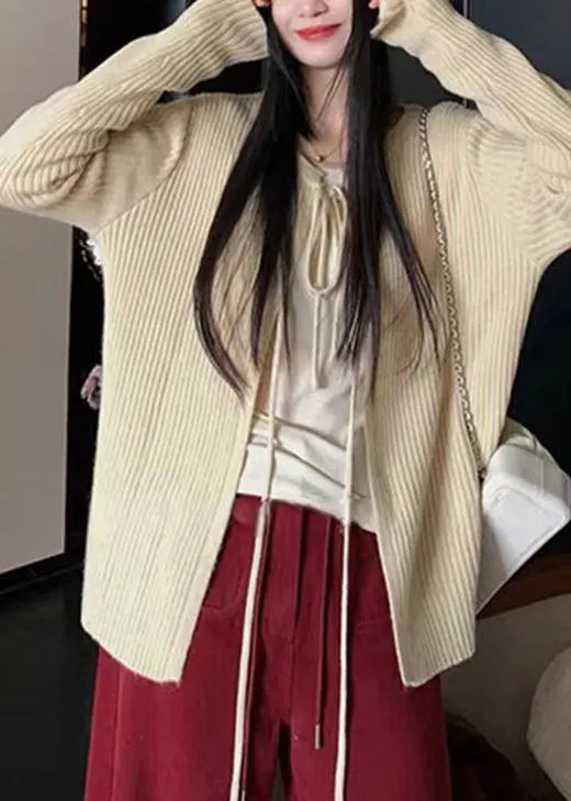 French Apricot O Neck Lace Up Knit Cardigans Fall