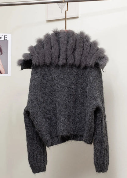 Dark Gray Fox Collar Button Patchwork Cozy Fall Knit Sailor Collar