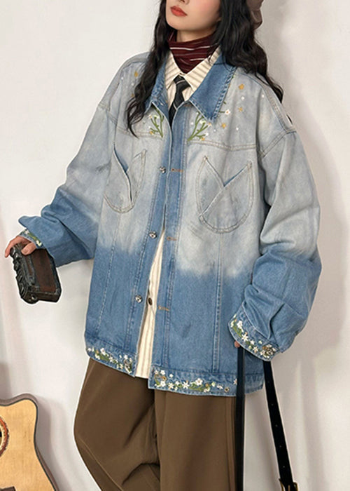 Gradient Color Embroidered Pockets Denim Coats Fall