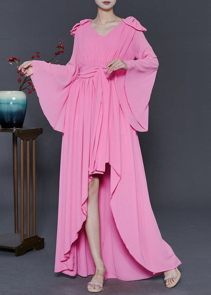 Pink Low High Design Exra Large Hem Chiffon Vacation Dresses Fall