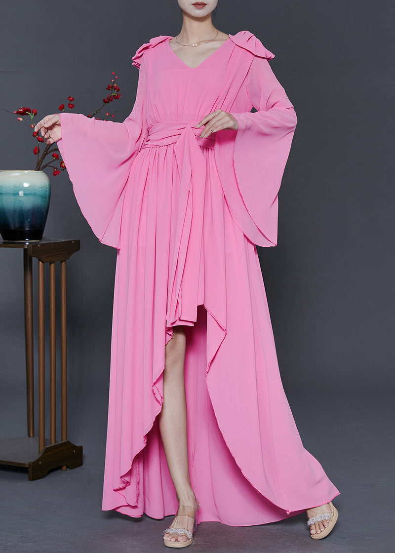 Pink Low High Design Exra Large Hem Chiffon Vacation Dresses Fall