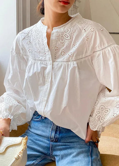White Hollow Out Loose Cotton Blouse Embroidered Butterfly Sleeve