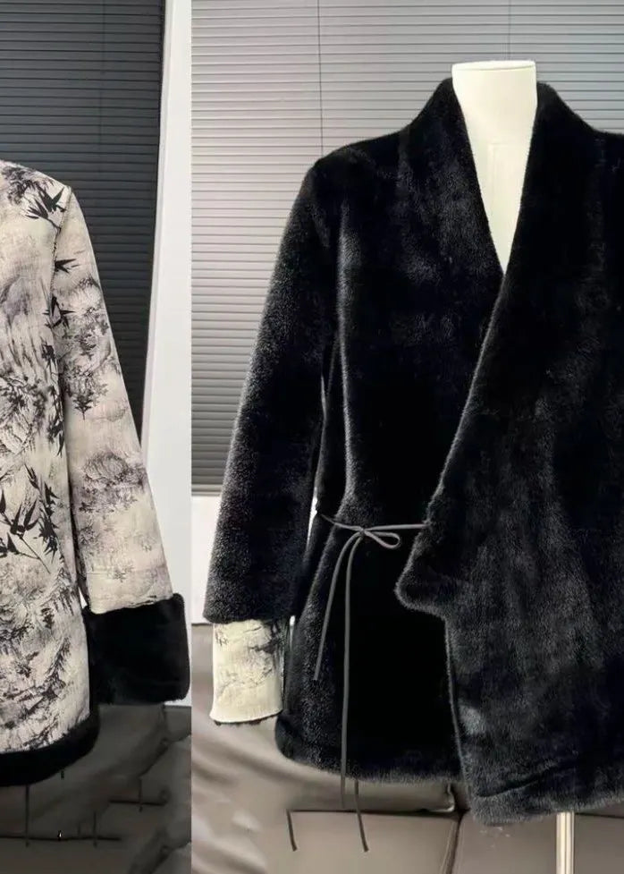 Style Black V Neck Tie Waist Patchwork Leather and Fur Coats Winter