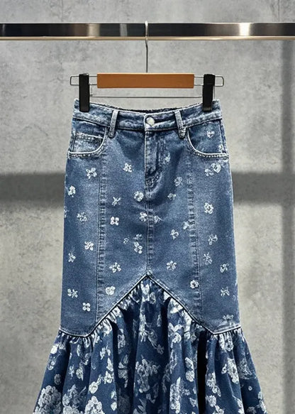 Blue Print Silm Fit Denim Wraped Skirts Fall