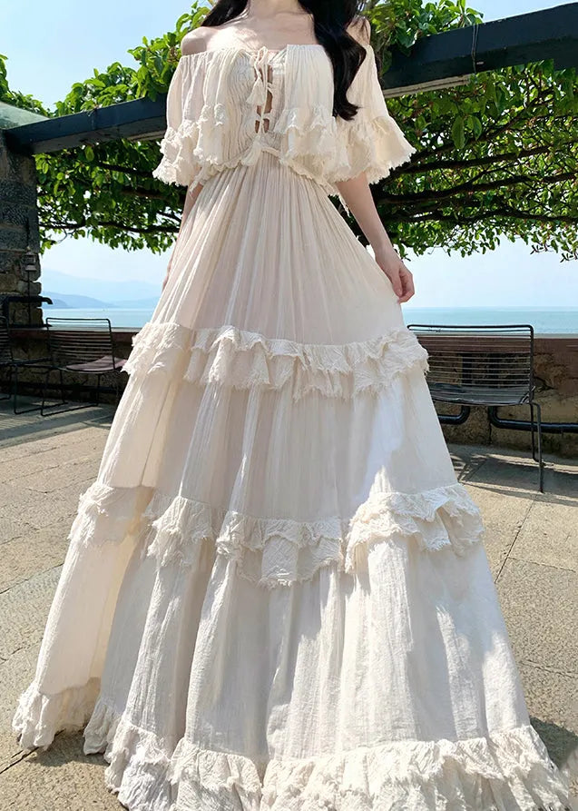 Apricot Slash Neck Ruffled Cotton Exra Large Hem Dress Summer