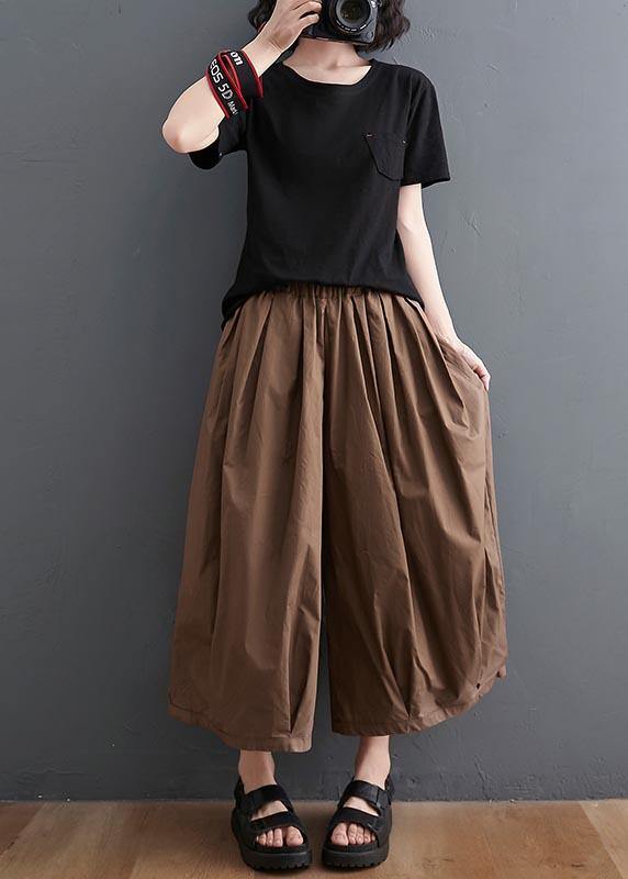 Brown Pockets Wide Leg Pants Trousers Summer Cotton Linen