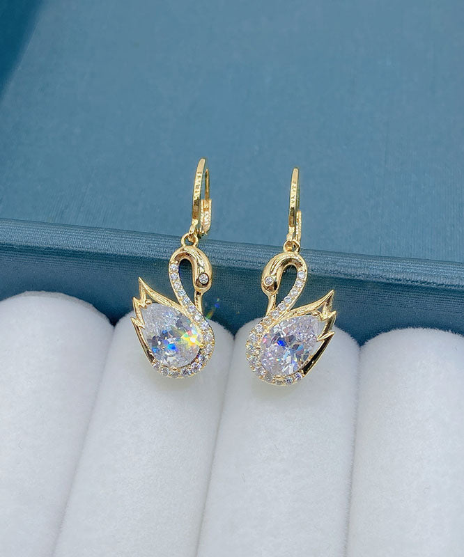 Gold Alloy Zircon Crystal Swan Drop Earrings