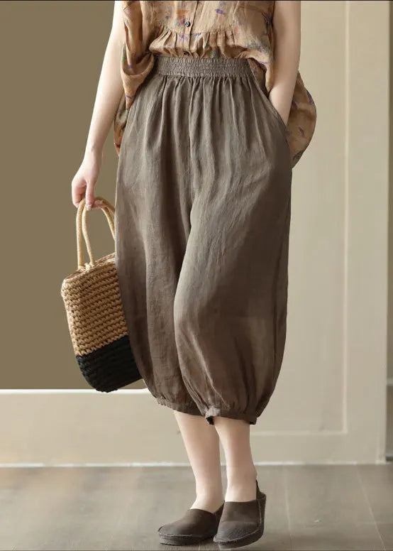 Coffee Elastic Waist Ramie Crop Pants