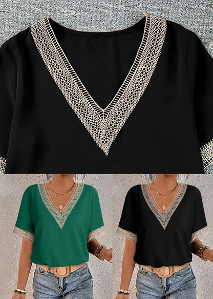 Green Tops V Neck Hollow Out Short Sleeve