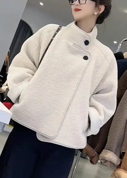 White Stand Collar Patchwork Pockets Faux Fur Coats Fall