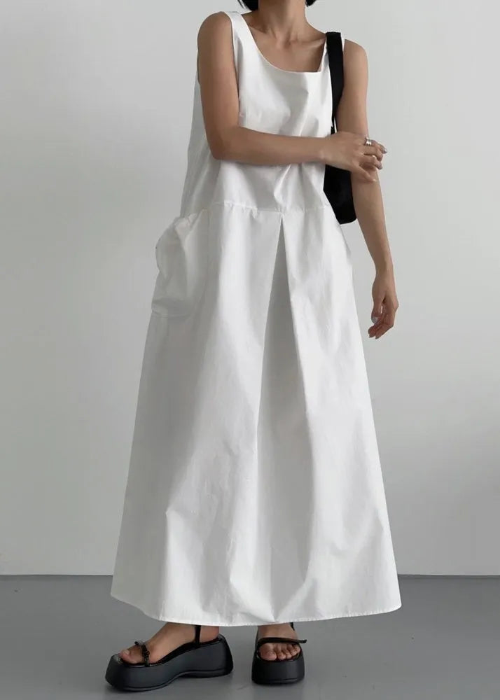 White U Neck Cotton Robe Dresses Sleeveless