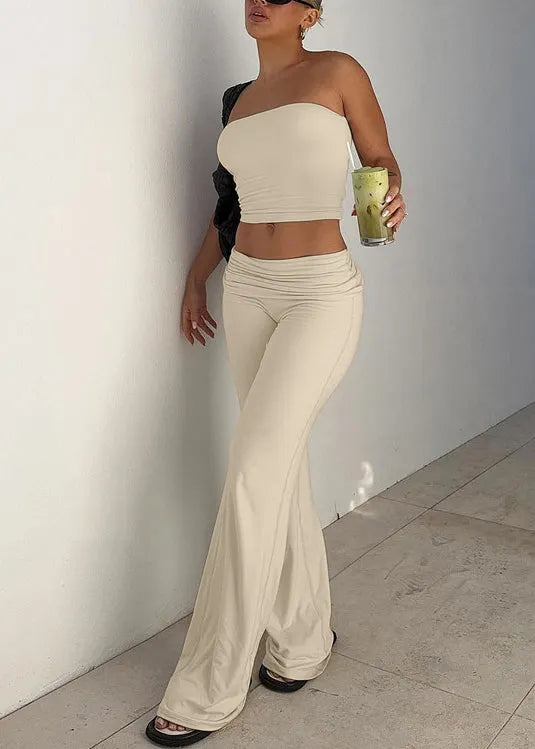Summer New Apricot Strapless Top and Flared Pants Set
