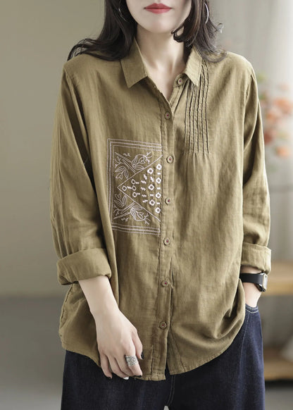 Khaki Lapel Embroidered Wrinkled Linen Shirt Tops Spring