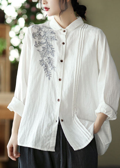 White Peter Pan Collar Embroidered Cotton Blouse Top Spring