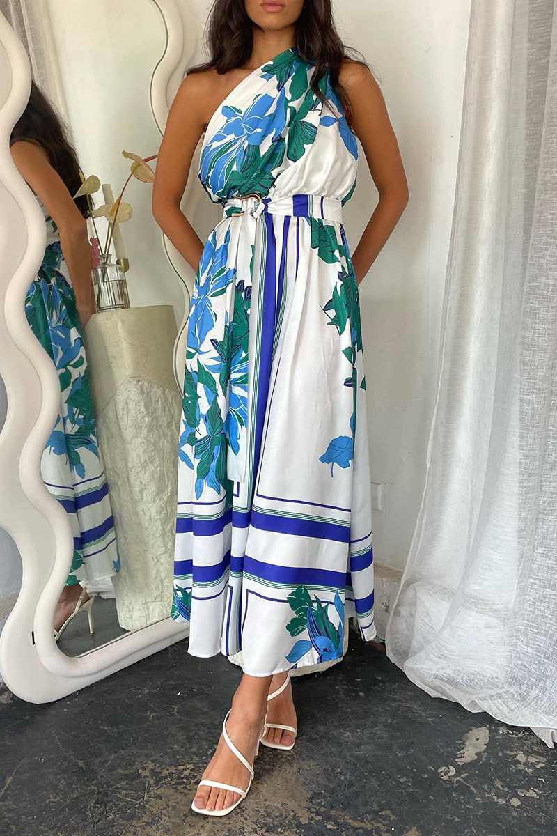 Print With Belt Irregular Oblique Collar Irregular Dresses