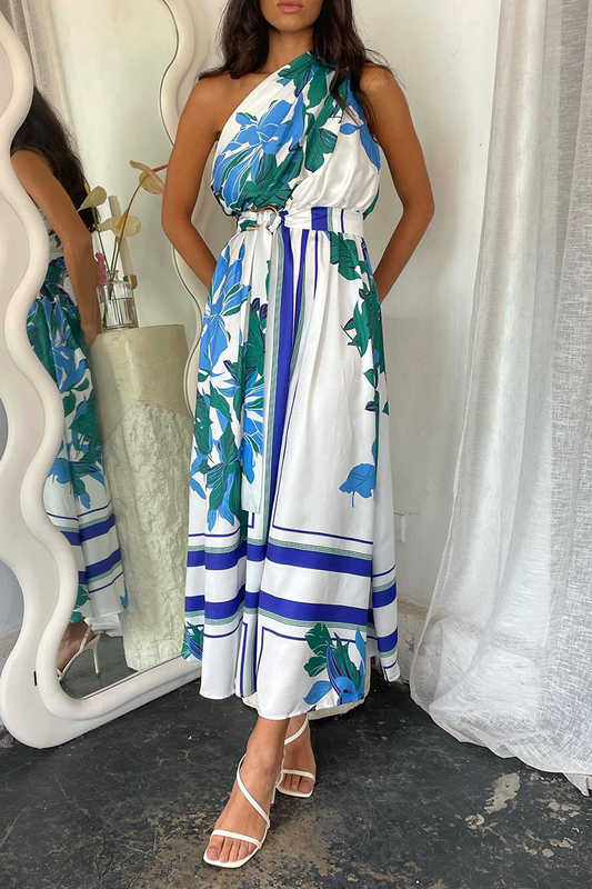 Print With Belt Irregular Oblique Collar Irregular Dresses