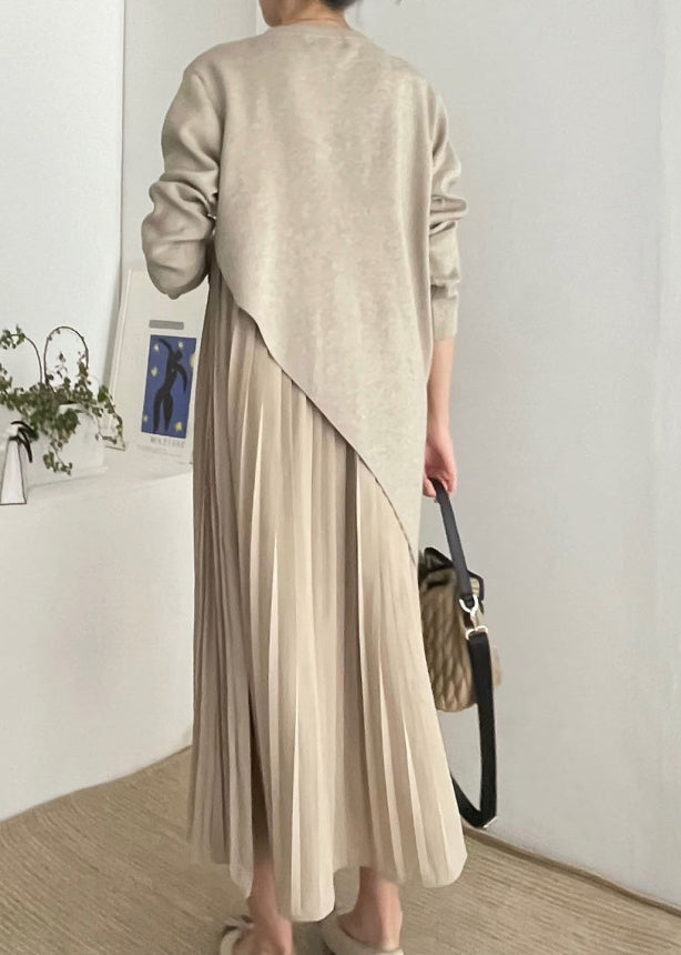 Khaki Asymmetrical Wrinkled Knit Dress Two Piece Set Spring