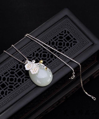 Cyan Sterling Silver Jade Water Drop Cherry Blossoms Pendant Necklace