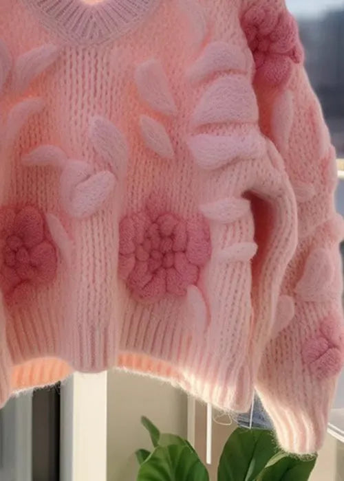 Pink V Neck Original Design Knit Cardigans Fall