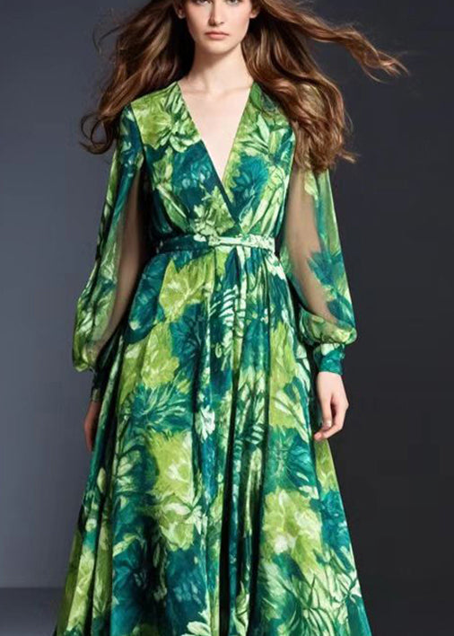 Green V Neck Print Chiffon Dresses Fall