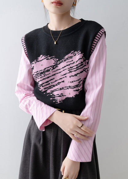 New Fake Two Pieces Set Knit Patchwork Pink Shirts Spring