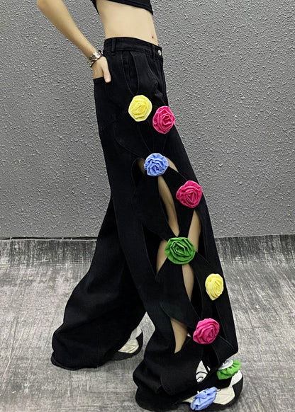 Blue Hollow Out Patchwork Denim Pants Fall