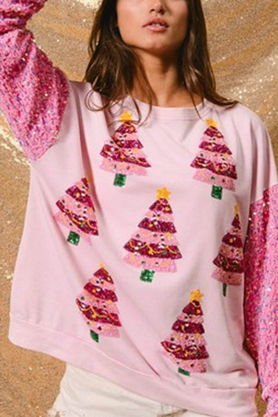 Christmas Casual Loose Crew Neck Sequin Sleeve Sweatshirt