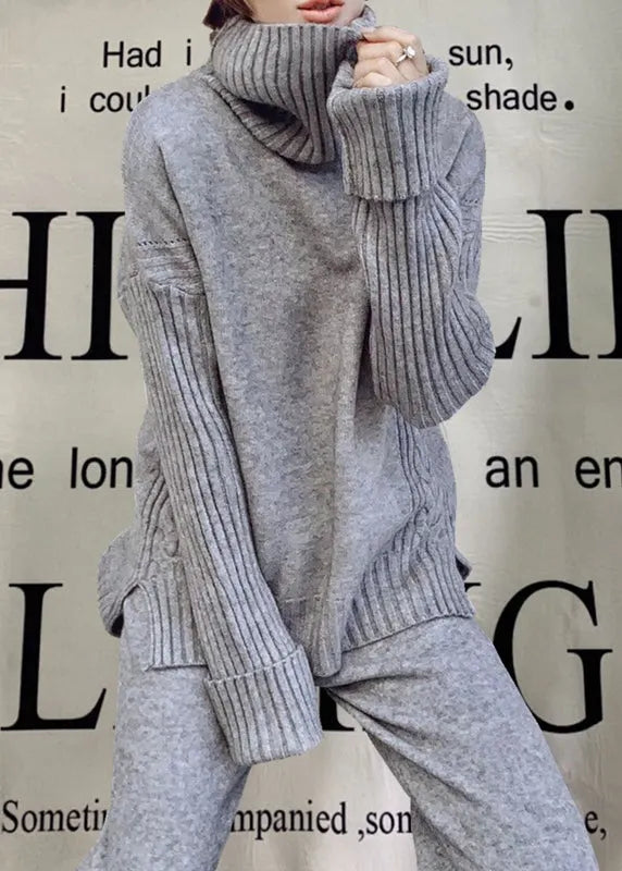 Apricot Hign Neck Sweaters and Pants Knit Two Piece Suit Set Winter