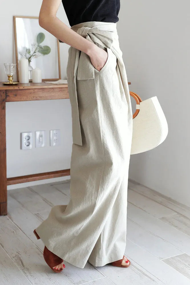 Cotton and Linen Asymmetrical Belt Design Wide-leg Pants