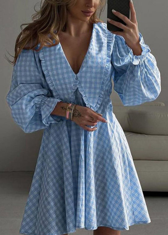 French Blue Plaid Ruffled Cotton Day Dress Flare Sleeve