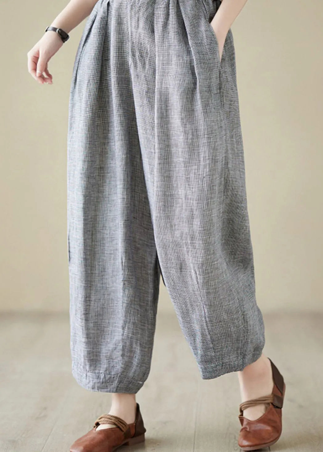 Light Grey Elastic Waist Linen Lantern Pants Summer