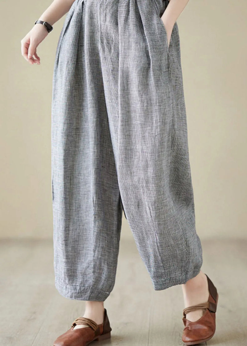 Light Grey Elastic Waist Linen Lantern Pants Summer