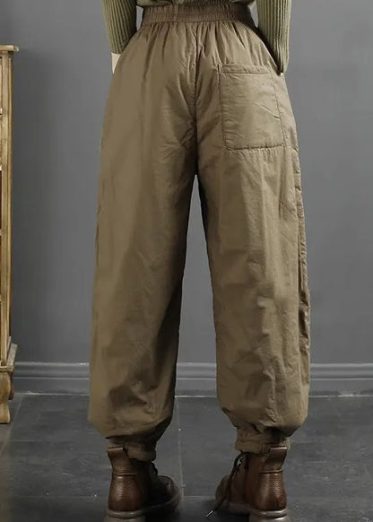 Khaki Pockets Elastic Waist Fine Cotton Filled Pants Winter