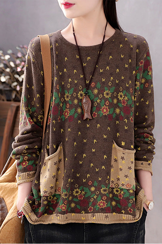 Fall Print Sweater Loose Round Neck Sweater