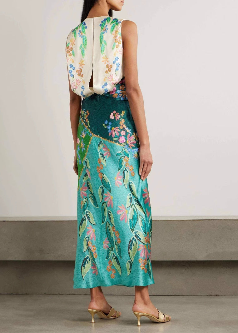 Italian Green O Neck Print Silk Long Dress Sleeveless