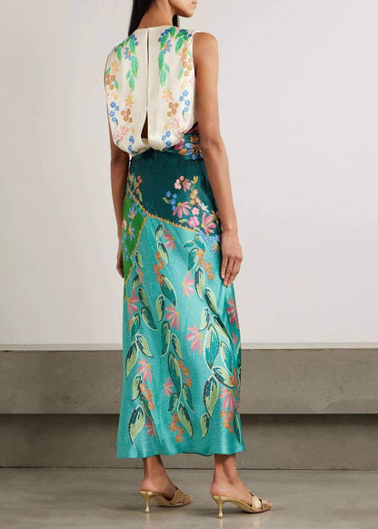 Italian Green O Neck Print Silk Long Dress Sleeveless