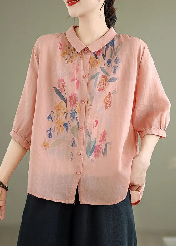 Loose Pink Print Button Linen Blouses Half Sleeve