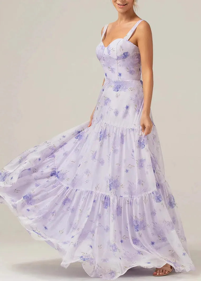 Purple Print Lace Up Chiffon Long Dress Summer