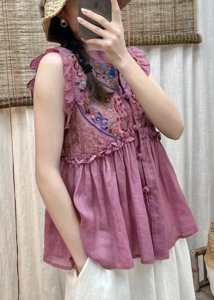 Simple Blue Embroidered Ruffles Button Linen Top Short Sleeve