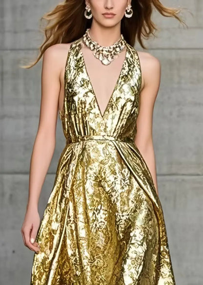 Golden Jacquard Exra Large Hem Halter Dress Summer