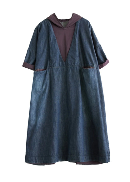 Blue Hooded Patchwork Thin Denim Dress Summer